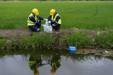 Fototapeta premium Environmental researchers investigate the condition of canal water for toxic spills, river waste water sampling, Asian researchers collect water samples in farmland for research and development.