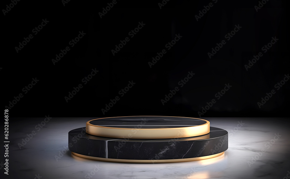 Aufkleber abstract minimal concept. modern dark black marble podium stage platform display with gold rim on ba