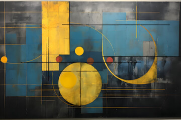 Abstract art with blue hues, yellow circles, and bold geometric lines