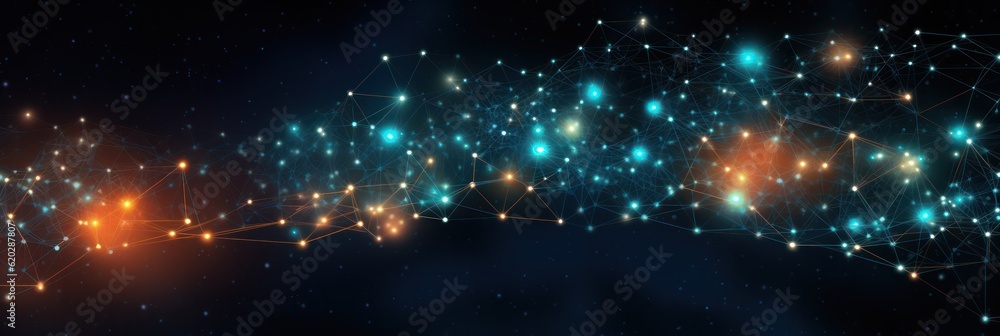 Poster Captivating digital banner: network grids and interconnected lines and dots depict data exchange