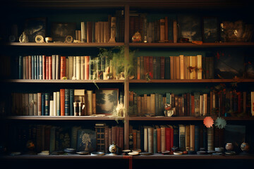 Cozy bookshelf filled with books and various trinkets in soft lighting