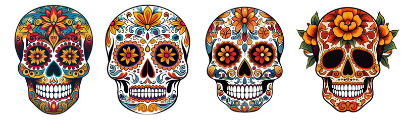 Mexican skulls set. Dia de los muertos shugar colorful heads on transparent background