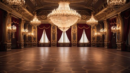 A lavish ballroom with ornate chandeliers, golden accents, and floral embellishments, creating a grand and opulent background. Glamor wedding design. Generative AI. 