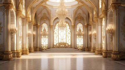 Fototapeta na wymiar A regal palace interior with intricate gold accents and floral motifs, exuding an atmosphere of luxury and sophistication. Glamour, luxurious interior wedding or celebration design. Generative AI. 