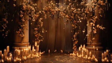 An intimate candlelit wedding ceremony with golden floral arrangements and romantic ambiance. Wedding card, celebrations, glamor and exquisite design. Generative AI. 
