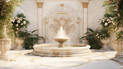 Fototapeta na wymiar A tranquil garden setting with a marble fountain adorned with gilded floral patterns, creating a harmonious and sophisticated background. Glamor wedding design. Celebration card. Generative AI. 