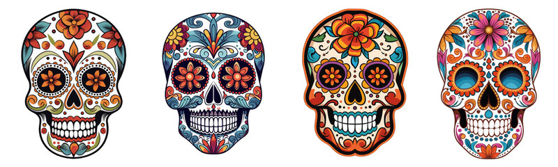Mexican skulls set. Dia de los muertos shugar colorful heads on transparent background