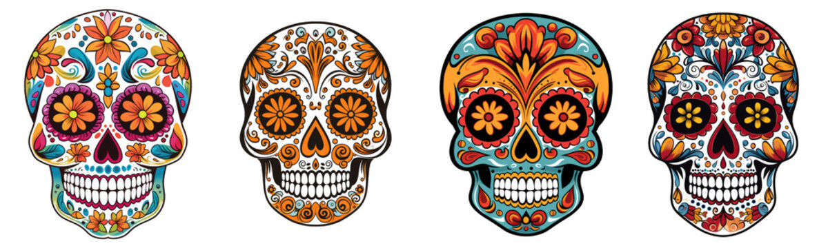 Mexican skulls set. Dia de los muertos shugar colorful heads on transparent background