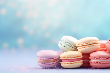 Obraz premium Pastel colours french macaroons on bokeh background. Dessert banner