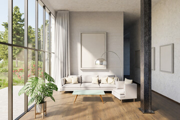 search box with text floating in air in luxurious loft apartment with window and garden; minimalistic interior living room design; 3D Illustration