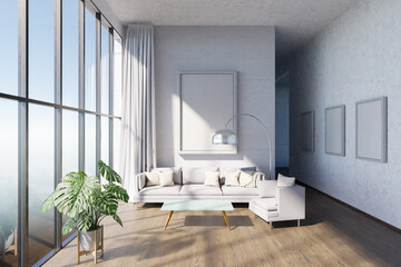 luxurious loft apartment with window; minimalistic interior living room design; 3D Illustration