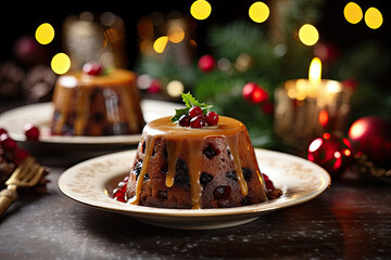 Christmas pudding fruit cake with christmas decoration background.Traditional festive dessert.