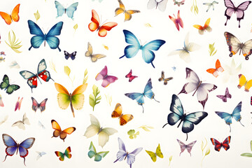 Various butterflies spread across a white background