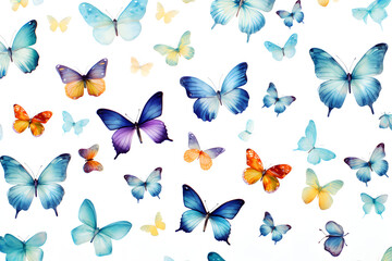 Fototapeta na wymiar Various blue and orange butterflies scattered on a white background