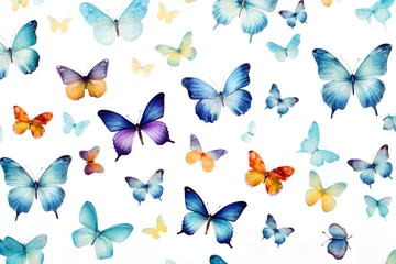 Foto op Plexiglas anti-reflex Vlinders Various blue and orange butterflies scattered on a white background