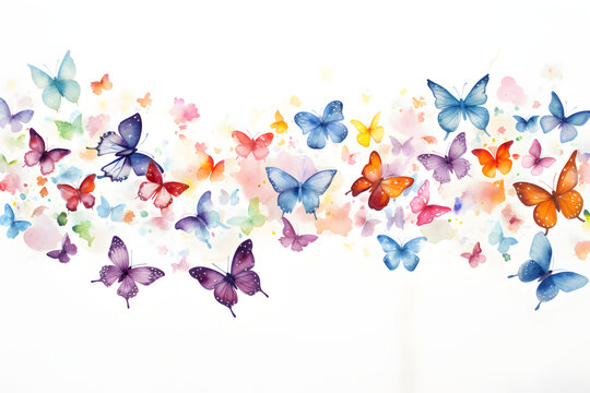Colorful butterflies in various sizes form a horizontal line on white