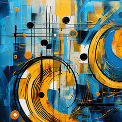 An abstract painting featuring golden notes, deep sky blue and gold style, naive artistic elements, classic american style, smooth lines, sparkles, festive mood, dripping paint technique