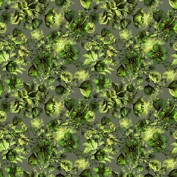 Seamless pattern with Ai generated green flowers and branches in hand drawn watercolor style. Multilayered Illustration  for apparel, textile, wrapping paper, bed sheets, tablecloth.