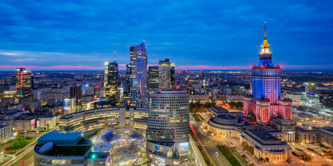 Palace of Culture and Science and City Centre Skyline at dusk, elevated view, Warsaw, Masovian Voivodeship, Poland