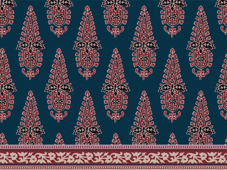HAND DRAWN PAISLEY PATTERN WITH BORDER AJRAKH BAGRU SANGANER BLOCK PRINT AND BATIK PRINT DIGITAL PRINT SEAMLESS TEXTILE PATTERN IN EDITABLE FILE