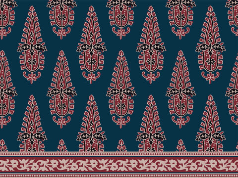 HAND DRAWN PAISLEY PATTERN WITH BORDER AJRAKH BAGRU SANGANER BLOCK PRINT AND BATIK PRINT DIGITAL PRINT SEAMLESS TEXTILE PATTERN IN EDITABLE FILE