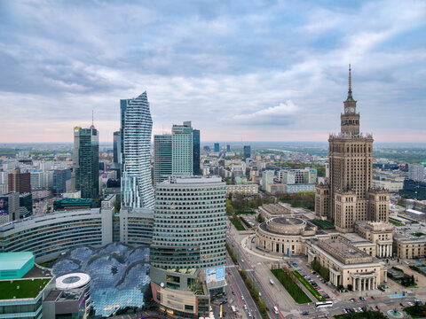 City Centre Skyline and Palace of Culture and Science, elevated view, Warsaw, Masovian Voivodeship, Poland