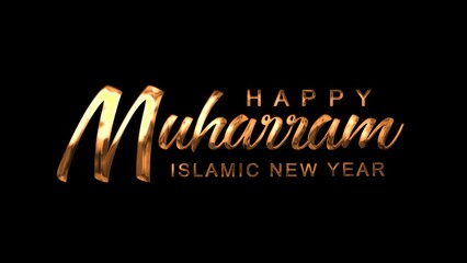 Happy Islamic New Year Muharram Text animation in gold color on black background. Great for video introduction, greeting card for the celebration of Islamic New Year muharram in Muslim community.