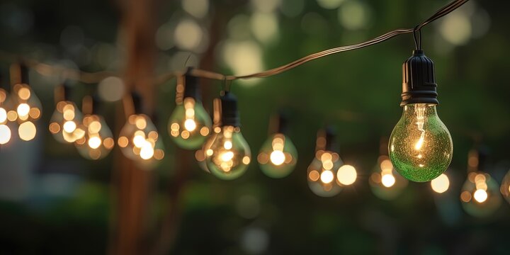 Party outdoor string lights hanging on a line in backyard, ai generative