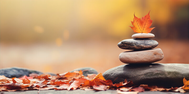 Stone tower in autumn. Stones Balance, Natural stones under the autumn leafs.