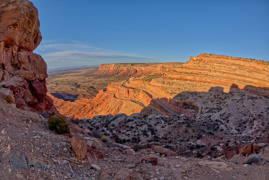 The winding Utah road of Highway 261 up the Moki Dugway from Valley of the Gods below, Utah
