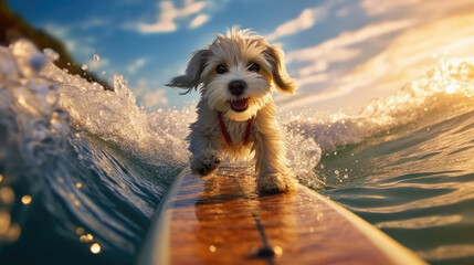 Dog surfing on a surfboard - obrazy, fototapety, plakaty