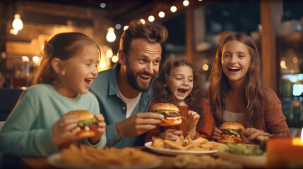 Happy family eating cheese burger in the restaurant - obrazy, fototapety, plakaty