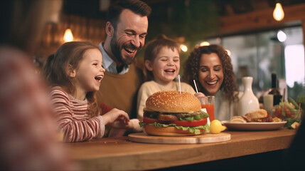 Happy family eating cheese burger in the restaurant