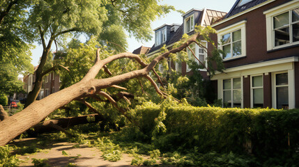 Large tree fallen during a summer storm, damage
