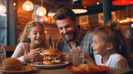 Happy family eating cheese burger in the restaurant - obrazy, fototapety, plakaty