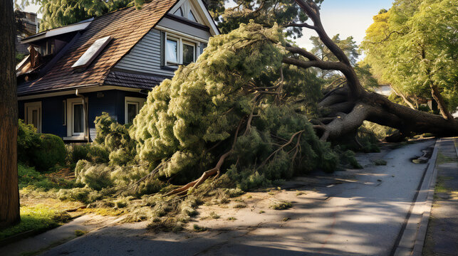 Large tree fallen on a house during a summer storm, damage