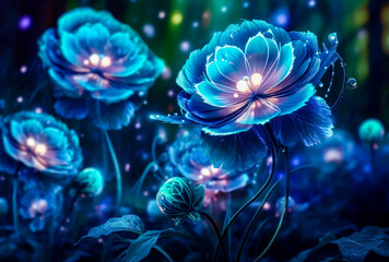 a blue dark background with flowers and some lights, blurred background