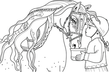 Girl and a Horse - Printable Coloring Page. (Coloring book pages for adults and kids, Coloring sheet, Coloring design)