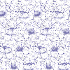 Chines peonies flower seamless pattern for textile. Hand drawn ink floral background