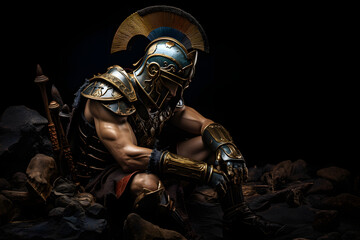 A rome warrior in ornate armor kneels amidst a dark battlefield - obrazy, fototapety, plakaty