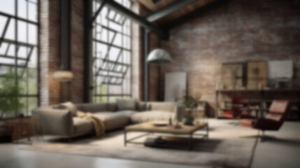 Fototapeta na wymiar Blurred Industrial Apartment Interior Design Idea. Brick wall New-York style living room. Blurry Home office illustration. Blur effect for background wallpaper or website page. Generative AI.
