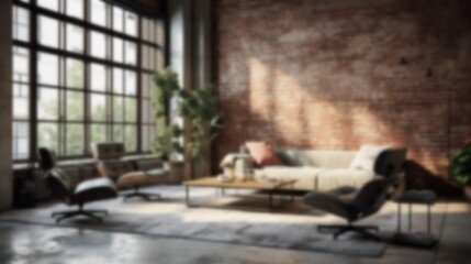 Obraz na płótnie Canvas Blurred Industrial Apartment Interior Design Idea. Brick wall New-York style living room. Blurry Home office illustration. Blur effect for background wallpaper or website page. Generative AI.