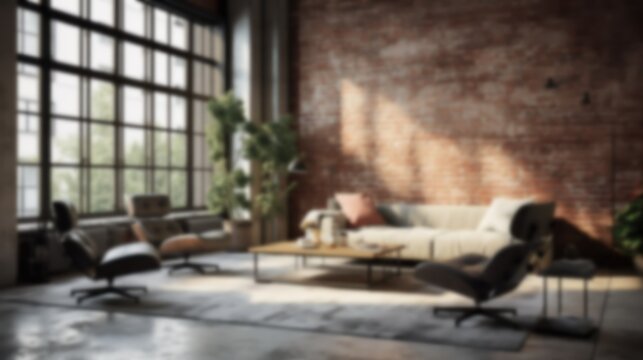 Blurred Industrial Apartment Interior Design Idea. Brick wall New-York style living room. Blurry Home office illustration. Blur effect for background wallpaper or website page. Generative AI.