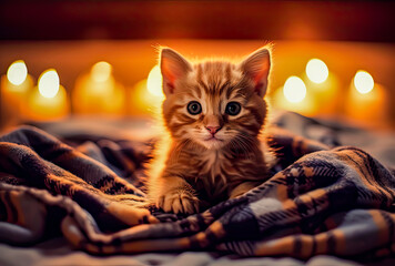 a kitten sits under a plaid blanket on a bed, adorable, beautiful