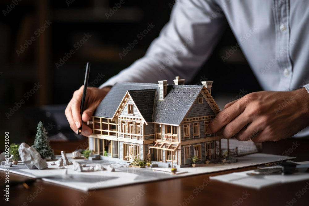 Poster at work: hands of an architect or engineer on the table, engaged in building construction model