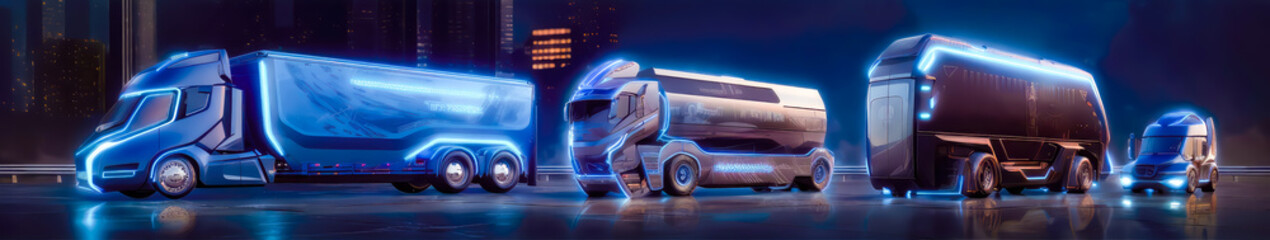 vehicles are driving with lights on the road, truck to the future