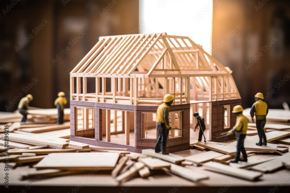 Poster tiny builders at work: miniature construction workers skillfully assemble an architectural model