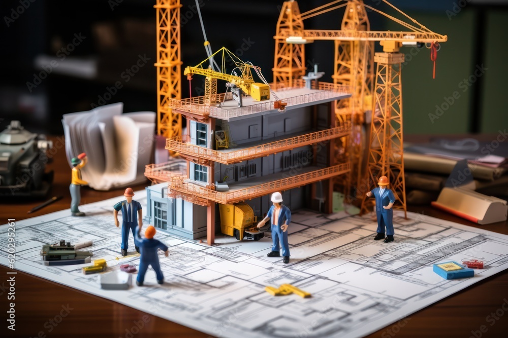 Poster miniature construction site with cranes and workers architectural model plans and blueprint document
