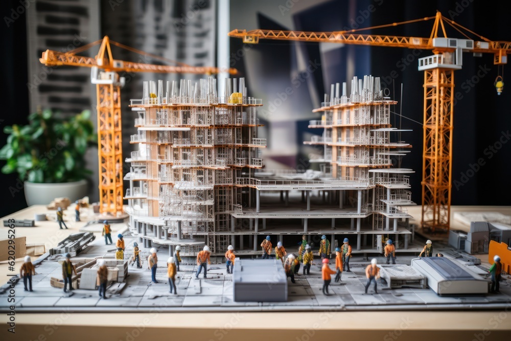 Poster miniature workers collaborate on an architectural model, plans and blueprint documents