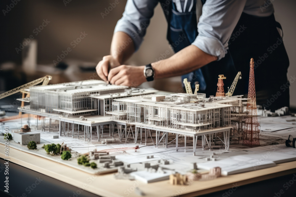 Poster architect or engineer intricately manipulate a residential building construction model on the table.